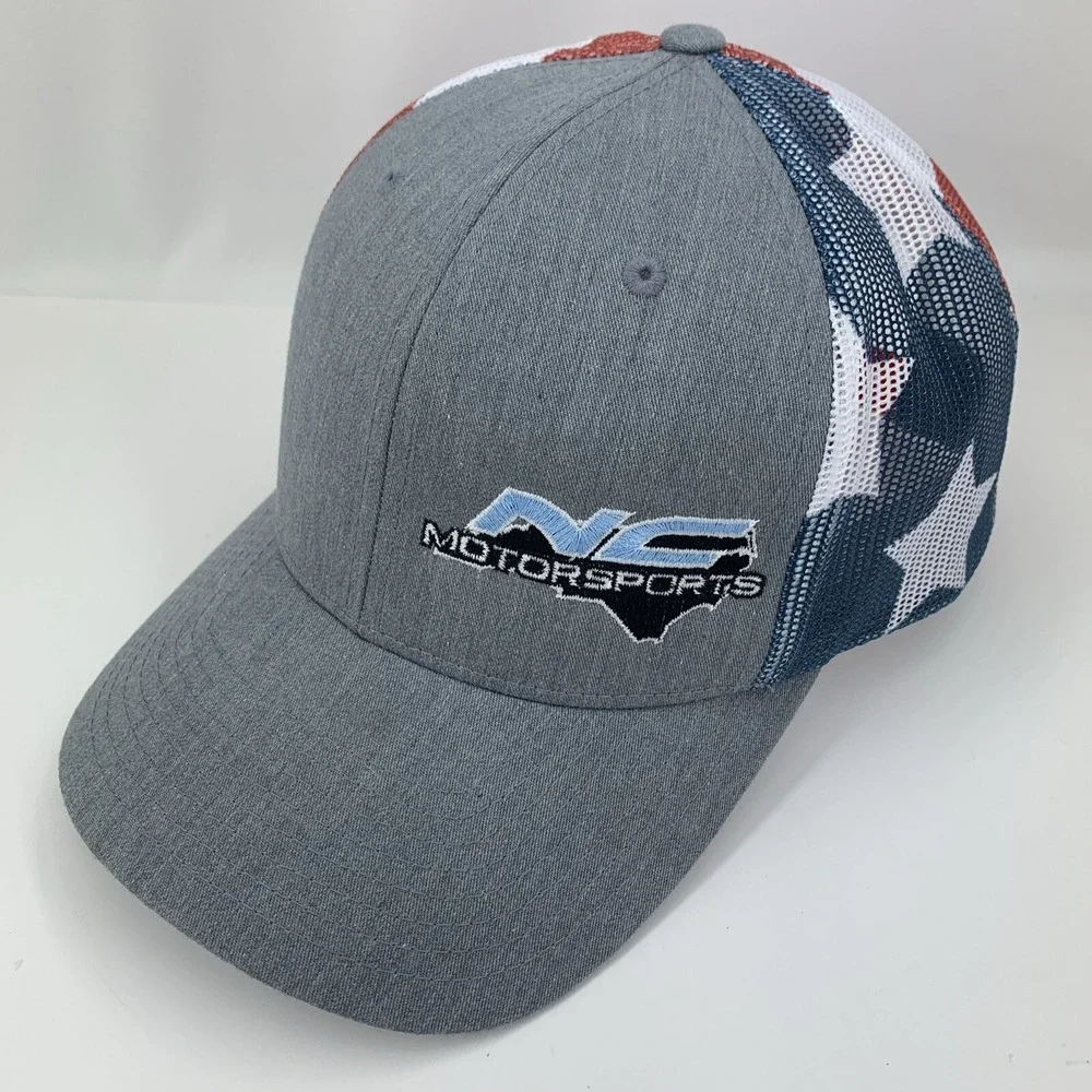 NC Motorsports Hat Flag Mesh Red White Blue Richardson 112PM Snap Trucker Cap